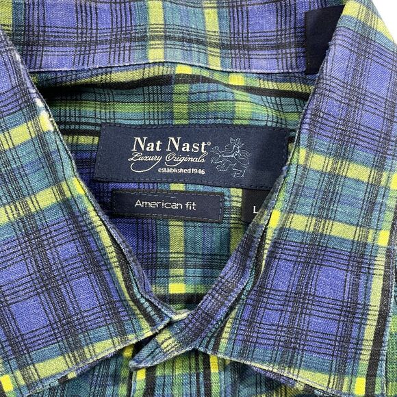 Nat Nast Large American Fit Plaid 100% Linen Short Sleeve Polyester - Picture 3 of 6